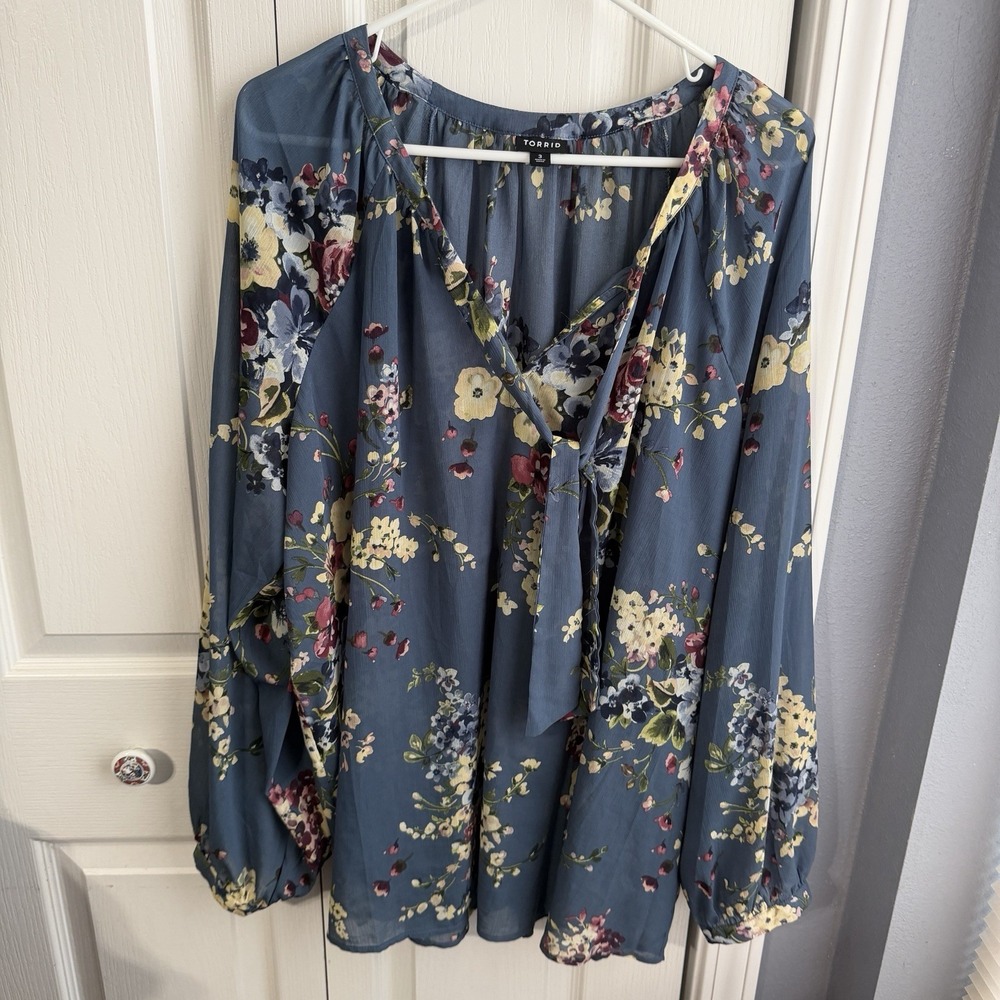 Torrid Multicolor Floral Crinkle Chiffon Raglan Tie Blouse Women's Size 3X